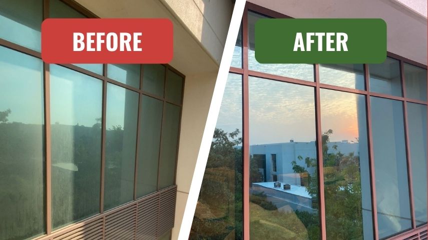 Before: Dusty building glass exterior in Sharjah